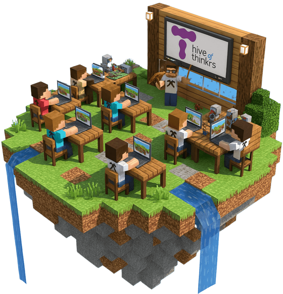 Animated image in the style of Minecraft of a Hive of Thinkrs classroom